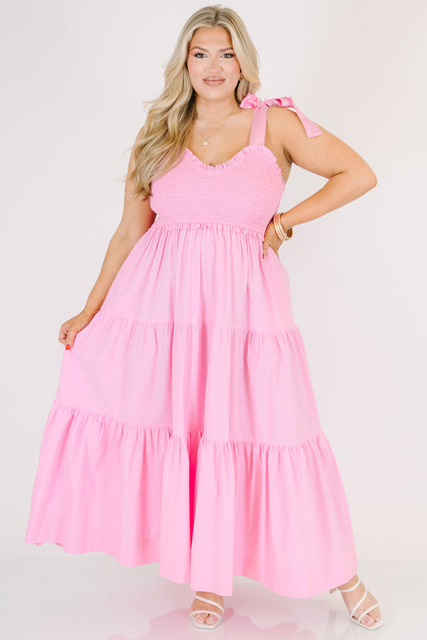 Chic Soul plus size clothing, pink sleeveless maxi dress with tiered detail with smocked top with scoop neckline with tie strap detail 