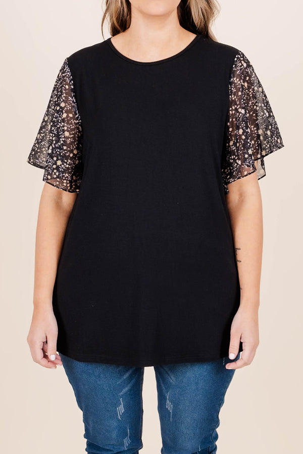 Chic Soul plus size clothing, black top with floral sheer ruffle short sleeves