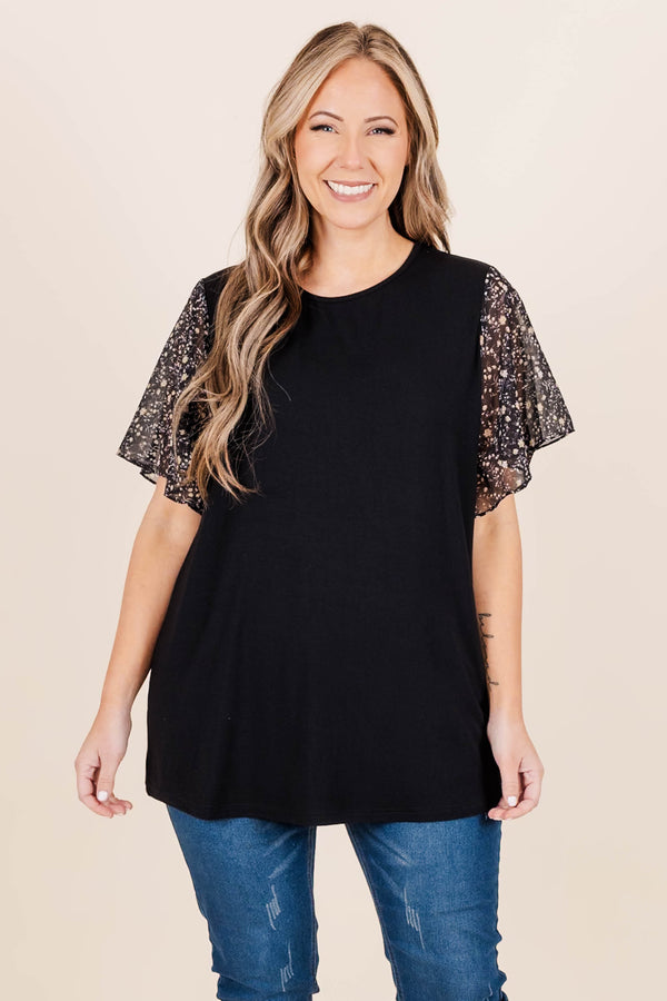 Chic Soul plus size clothing, black top with floral sheer ruffle short sleeves 