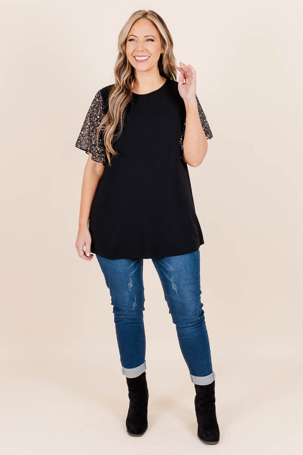 Chic Soul plus size clothing, black top with floral sheer ruffle short sleeves