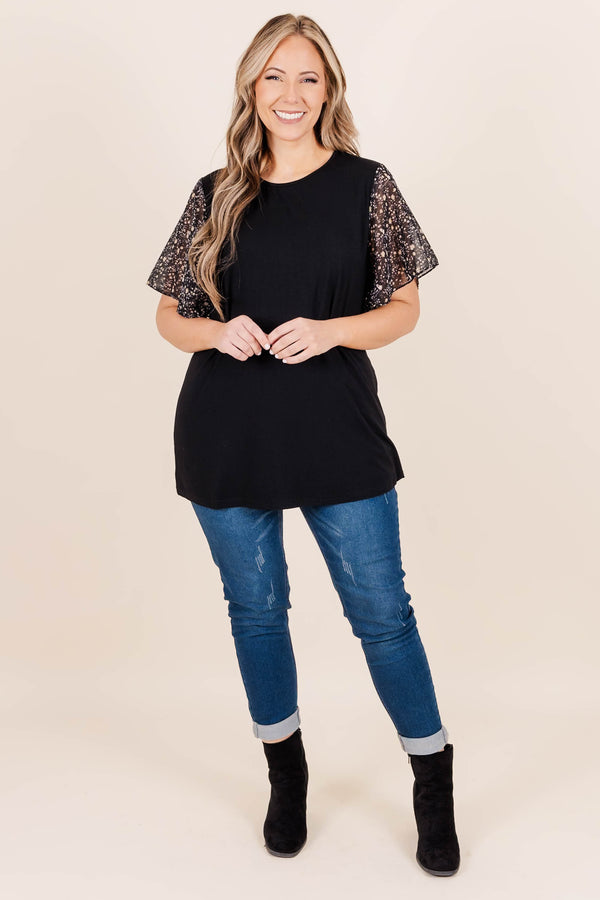 Chic Soul plus size clothing, black top with floral sheer ruffle short sleeves