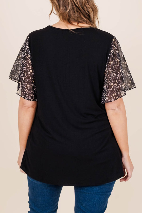 Chic Soul plus size clothing, black top with floral sheer ruffle short sleeves