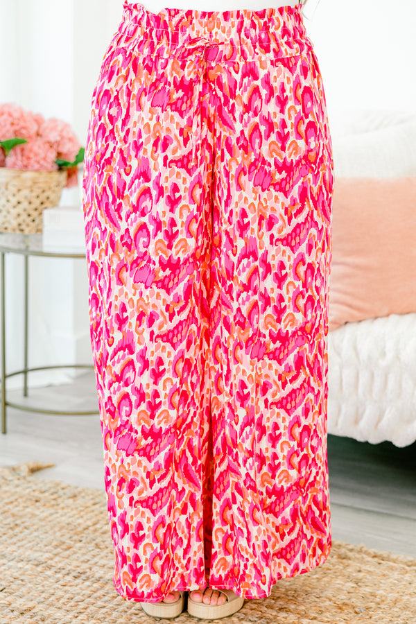 Chic Soul plus size clothing, magenta mix flowy pants with elastic cinched waistline 