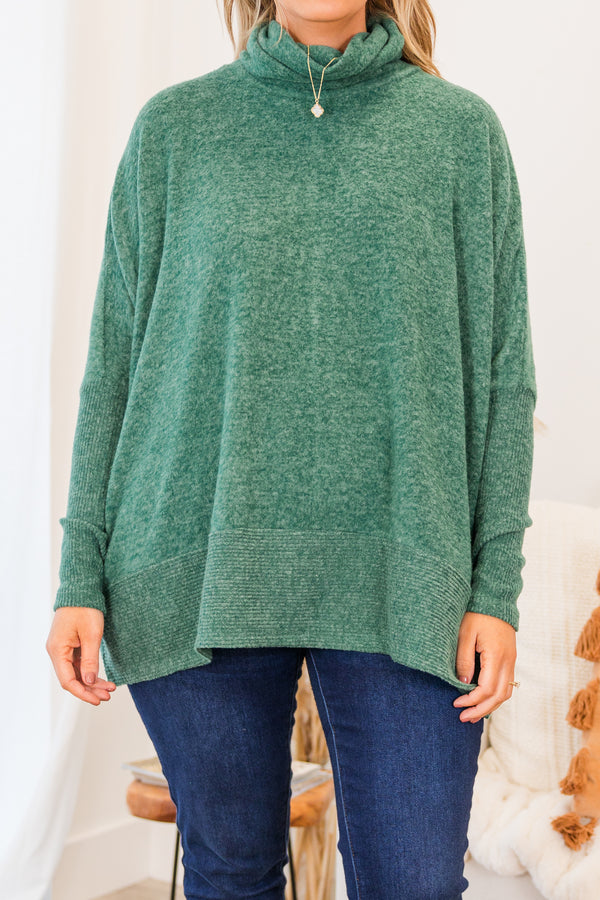 Chic Soul plus size clothing, dark green long sleeve heathered sweater with rolled turtleneck detail with ribbed band at the bottom