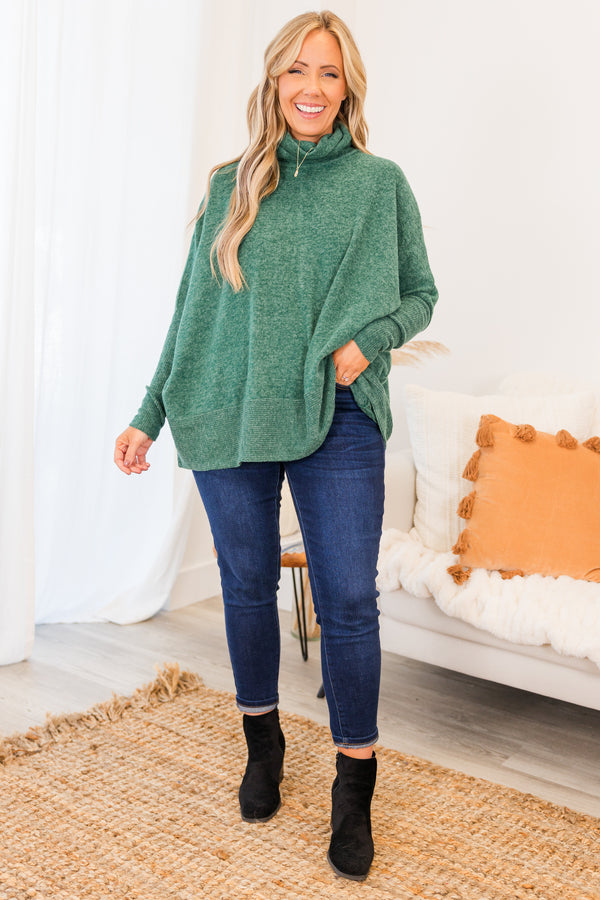 Chic Soul plus size clothing, dark green long sleeve heathered sweater with rolled turtleneck detail with ribbed band at the bottom