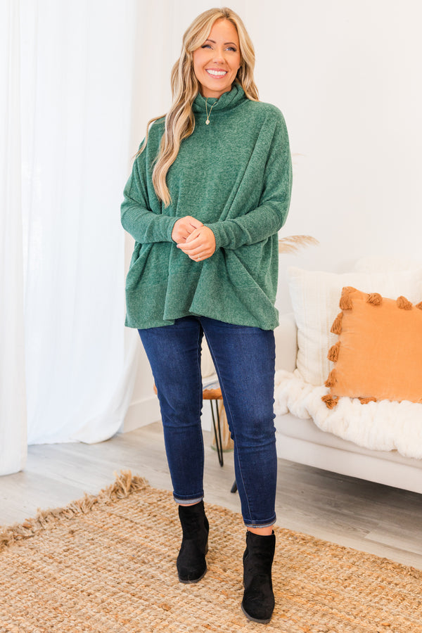 Chic Soul plus size clothing, dark green long sleeve heathered sweater with rolled turtleneck detail with ribbed band at the bottom