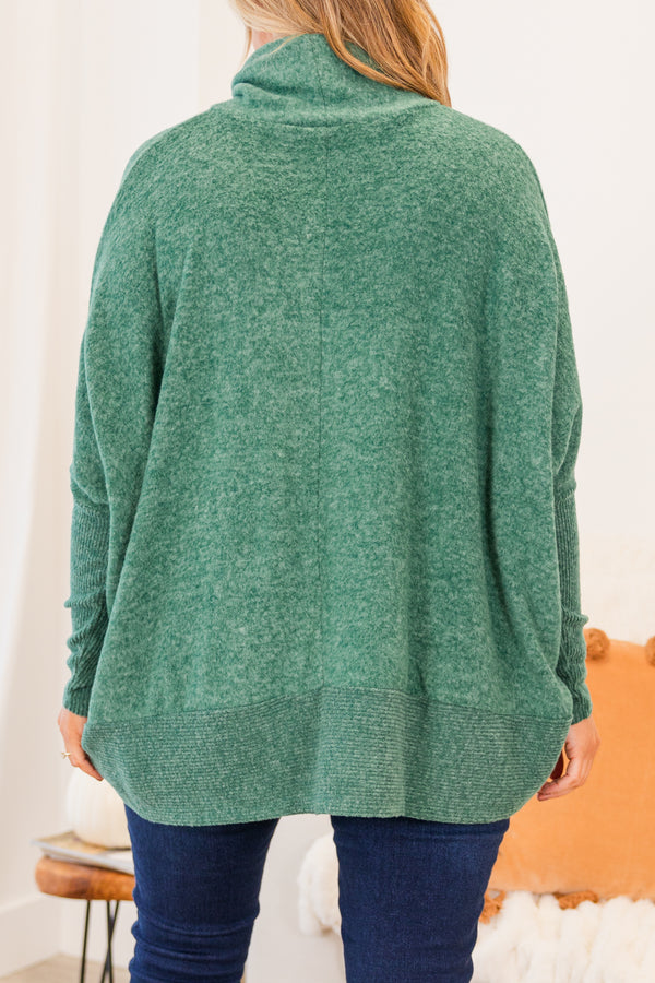 Chic Soul plus size clothing, dark green long sleeve heathered sweater with rolled turtleneck detail with ribbed band at the bottom