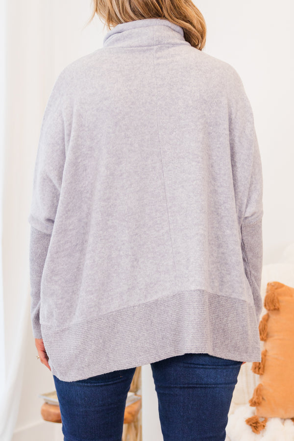 Chic Soul plus size clothing, heather gray long sleeve knit sweater with turtleneck detail with ribbed band along the bottom 