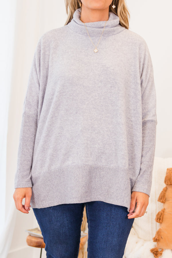 Chic Soul plus size clothing, heather gray long sleeve knit sweater with turtleneck detail with ribbed band along the bottom 