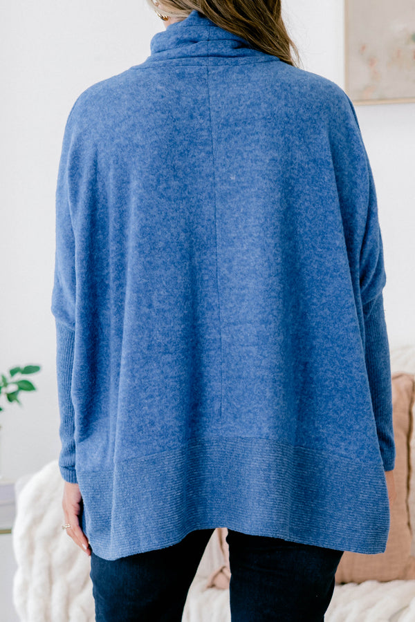 Chic Soul plus size clothing, light navy blue long sleeve top with high turtleneck