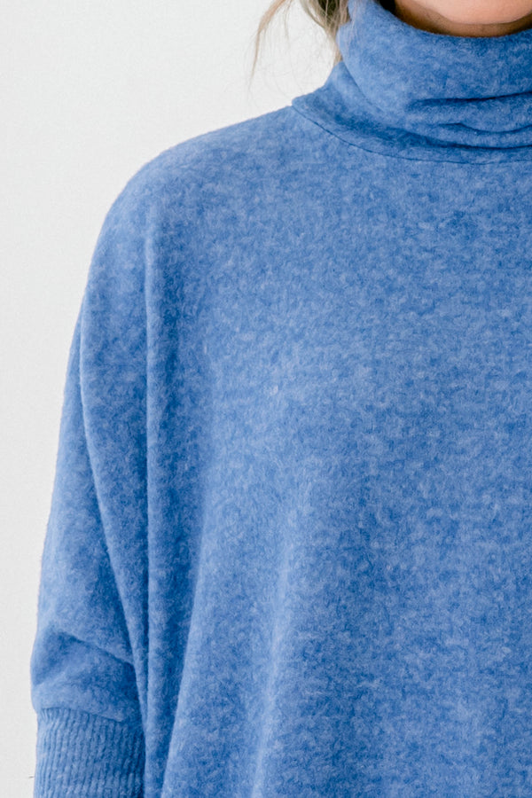 Chic Soul plus size clothing, light navy blue long sleeve top with high turtleneck