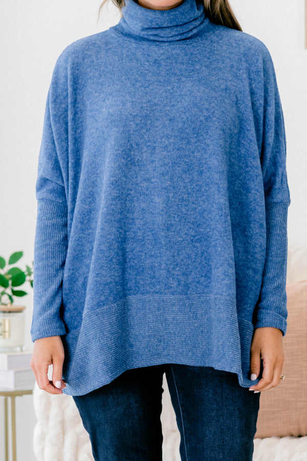 Chic Soul plus size clothing, light navy blue long sleeve top with high turtleneck