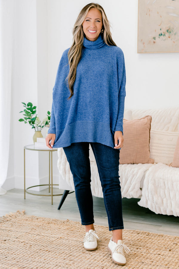 Chic Soul plus size clothing, light navy blue long sleeve top with high turtleneck