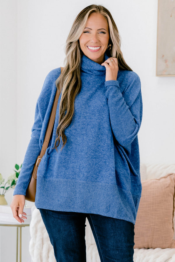 Chic Soul plus size clothing, light navy blue long sleeve top with high turtleneck