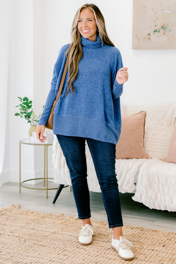 Chic Soul plus size clothing, light navy blue long sleeve top with high turtleneck