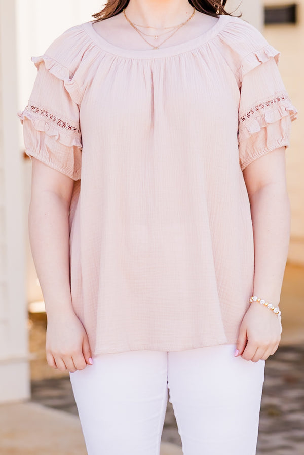 Chic Soul plus size clothing, light pink short sleeve top with round neckline with ruffle lace detailing on sleeves