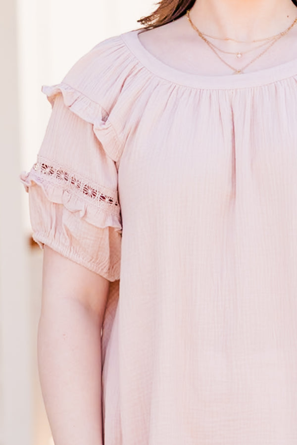 Chic Soul plus size clothing, light pink short sleeve top with round neckline with ruffle lace detailing on sleeves