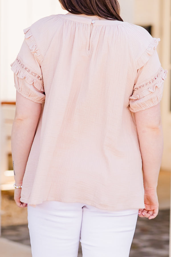Chic Soul plus size clothing, light pink short sleeve top with round neckline with ruffle lace detailing on sleeves