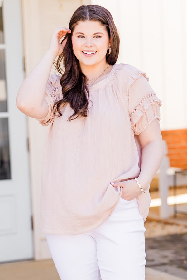 Chic Soul plus size clothing, light pink short sleeve top with round neckline with ruffle lace detailing on sleeves