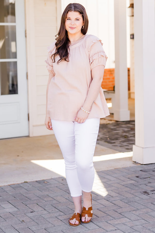Chic Soul plus size clothing, light pink short sleeve top with round neckline with ruffle lace detailing on sleeves