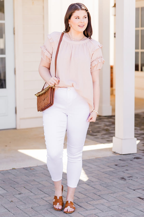 Chic Soul plus size clothing, light pink short sleeve top with round neckline with ruffle lace detailing on sleeves