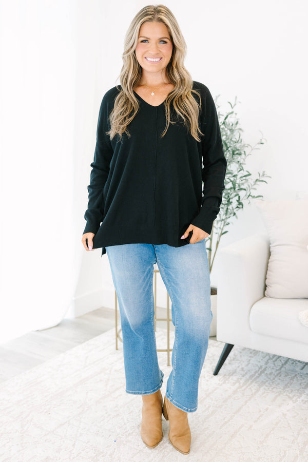 Chic Soul plus size clothing, black sweater with v neckline and textured detail down the center and small slits on the bottom sides