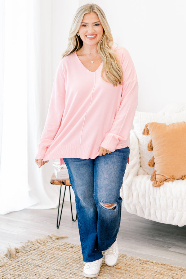 Chic Soul plus size clothing, light pink long sleeve sweater with v-neck and front seam