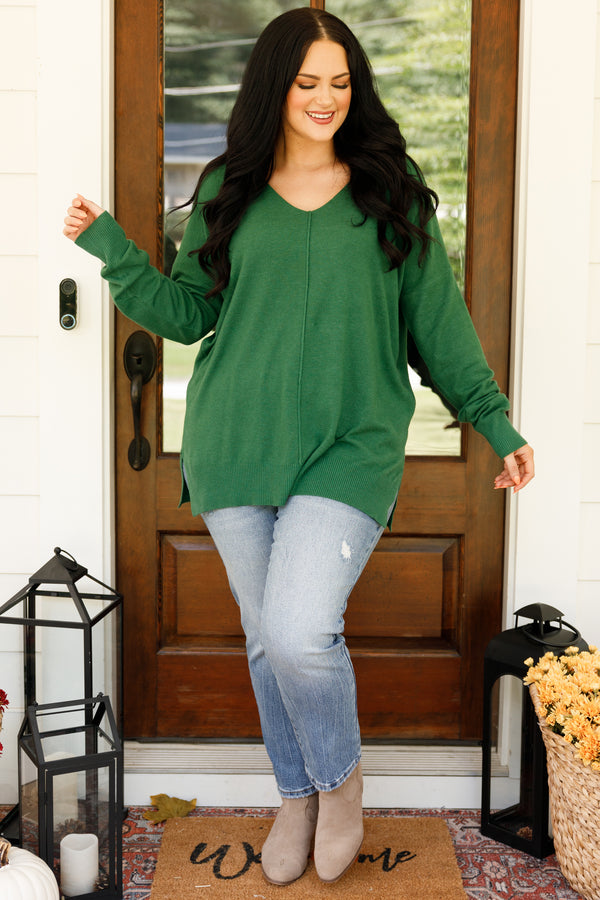 Chic Soul plus size clothing, dark green sweater with seam down middle