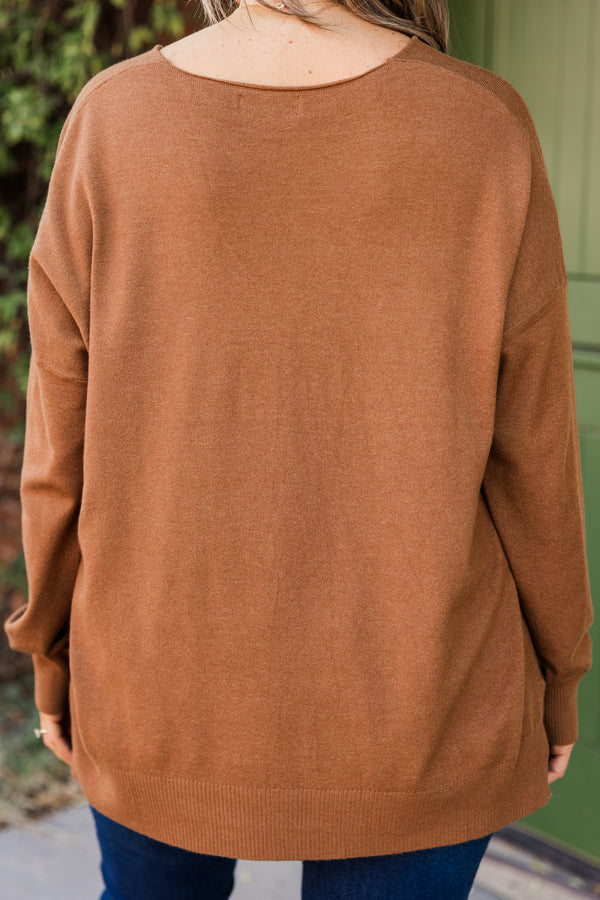 Chic Soul plus size clothing, deep camel long sleeve knit sweater with ribbed cuff sleeves with v neckline and outer stitch detail along center