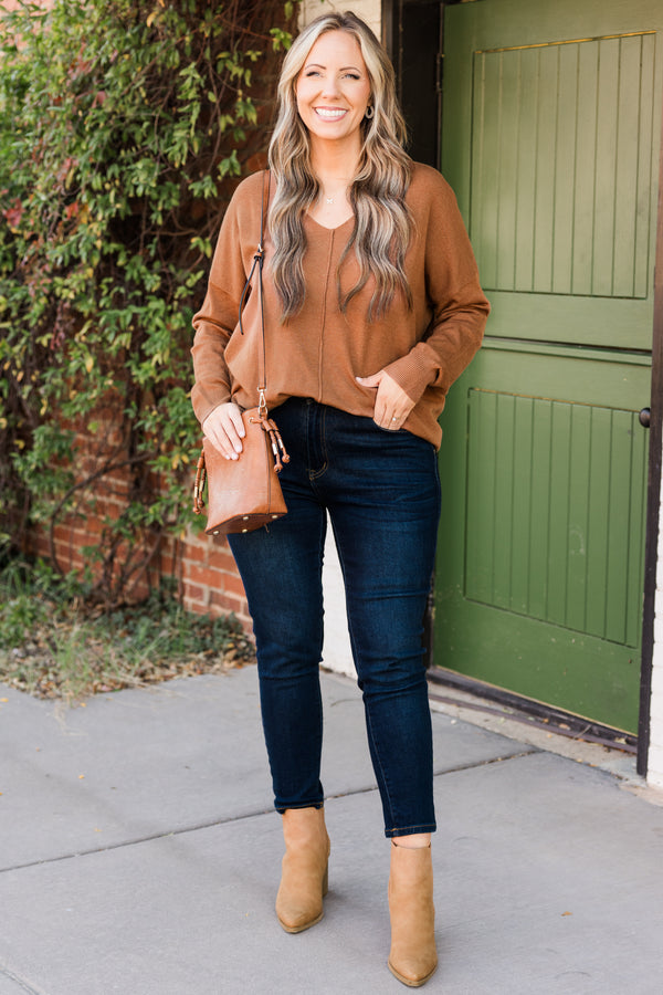 Chic Soul plus size clothing, deep camel long sleeve knit sweater with ribbed cuff sleeves with v neckline and outer stitch detail along center