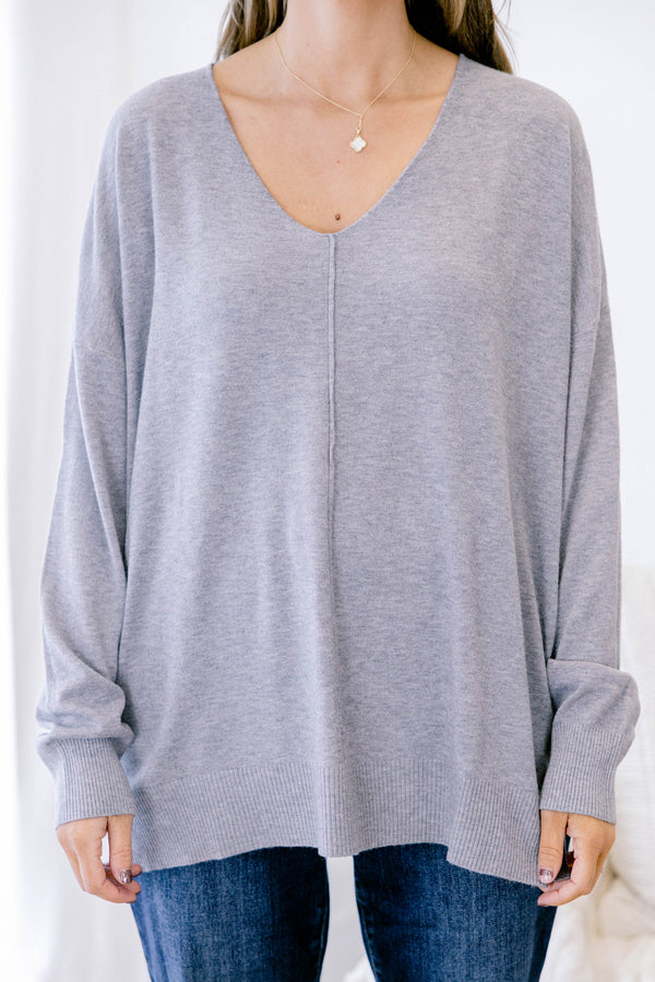 Chic Soul plus size clothing, heather grey v neck sweater with seam down middle