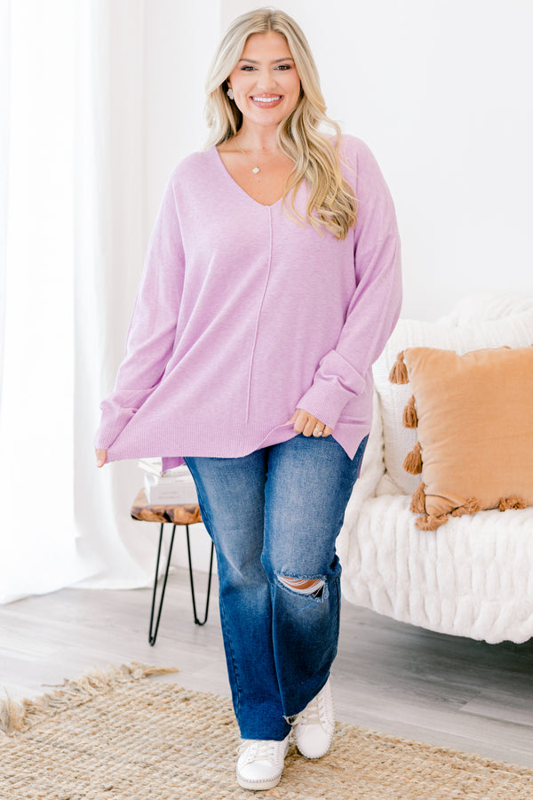 Chic Soul plus size clothing, lavender long sleeve sweater with a slight v-neckline and a ribbed texture going down the center of the shirt 