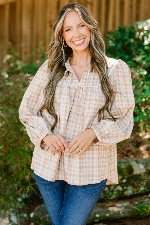 Chic Soul plus size clothing, light brown gingham flowy long sleeve top 
