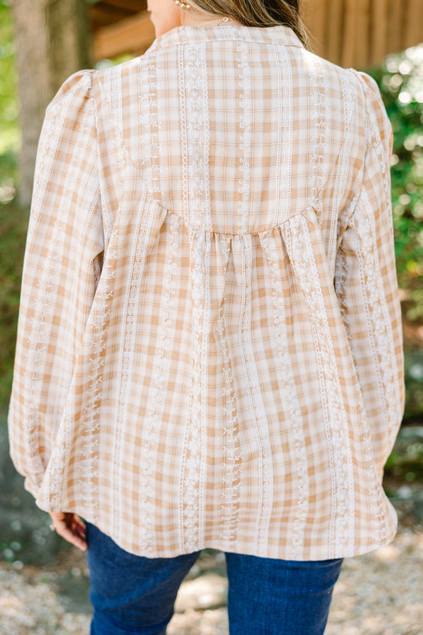 Chic Soul plus size clothing, light brown gingham flowy long sleeve top 
