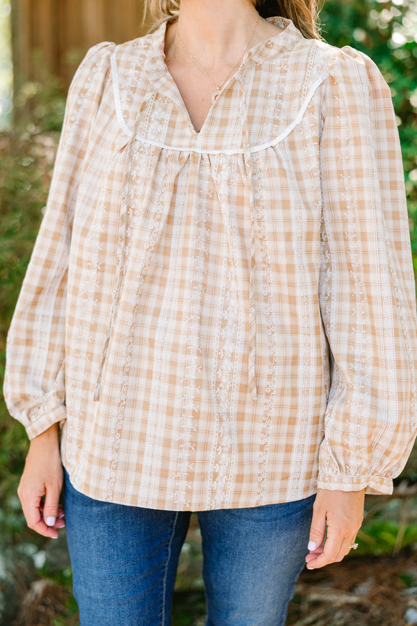 Chic Soul plus size clothing, light brown gingham flowy long sleeve top 
