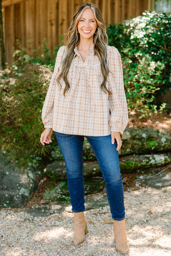 Chic Soul plus size clothing, light brown gingham flowy long sleeve top 
