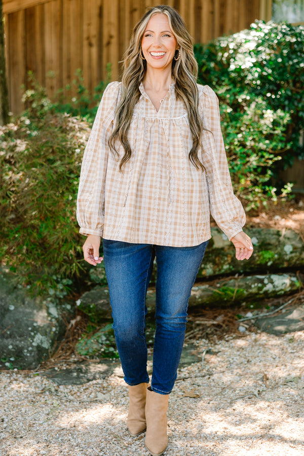 Chic Soul plus size clothing, light brown gingham flowy long sleeve top 
