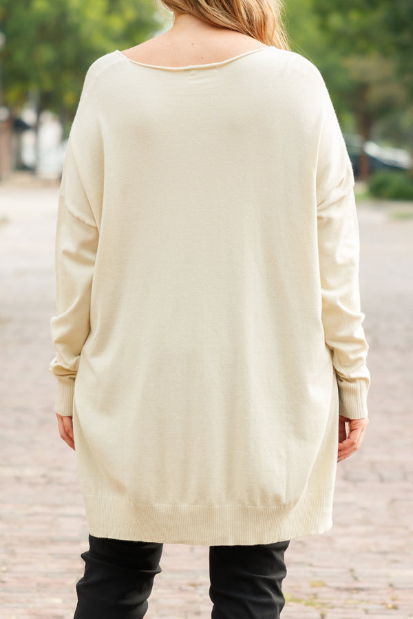 Chic Soul plus size clothing, beige long sleeves knitted sweater with a seamline down the front and side slits