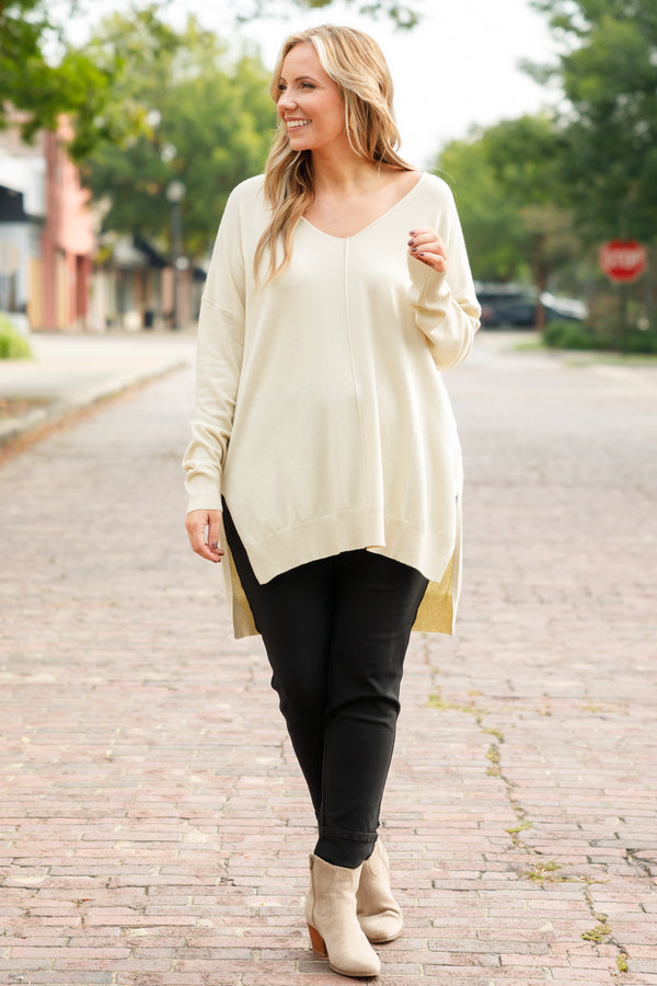 Chic Soul plus size clothing, beige long sleeves knitted sweater with a seamline down the front and side slits
