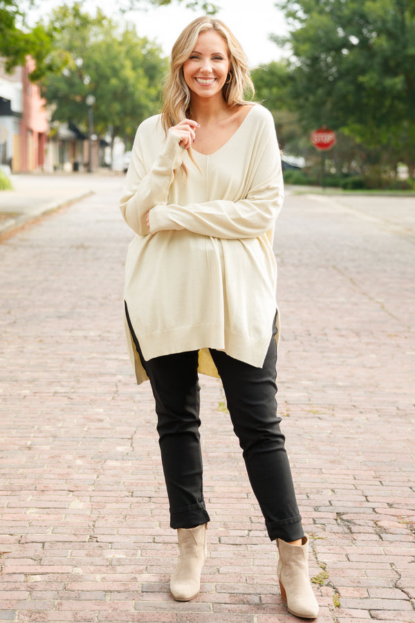 Chic Soul plus size clothing, beige long sleeves knitted sweater with a seamline down the front and side slits