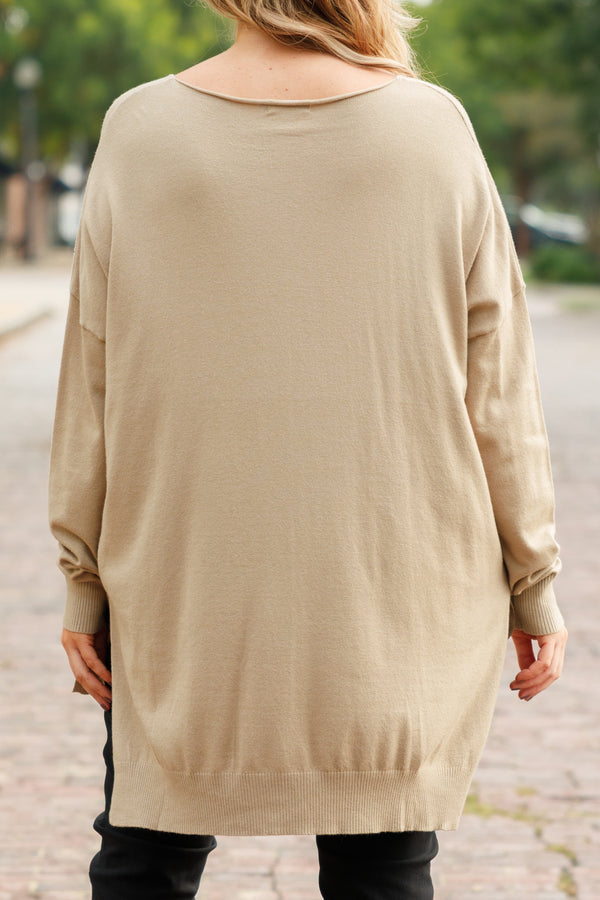 Chic Soul plus size clothing, light mocha long sleeves knitted sweater with a seamline down the front and side slits