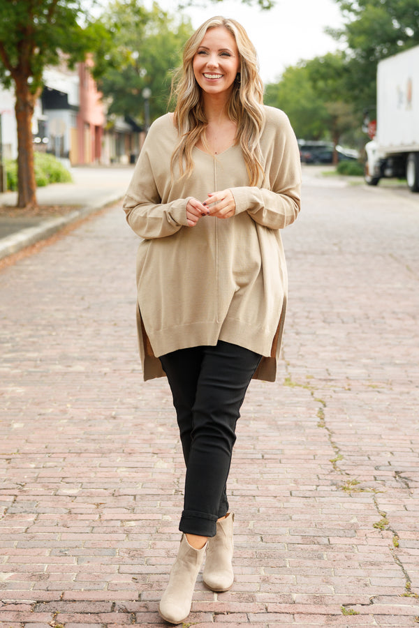 Chic Soul plus size clothing, light mocha long sleeves knitted sweater with a seamline down the front and side slits