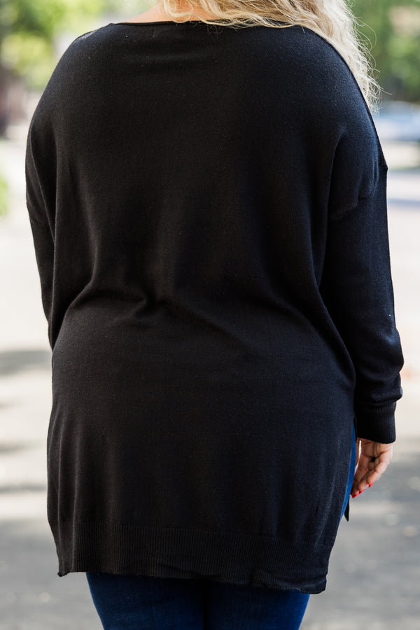 Chic Soul plus size clothing, slight v neck soft sweater longer in back slits on the sides outward seamline down center, black