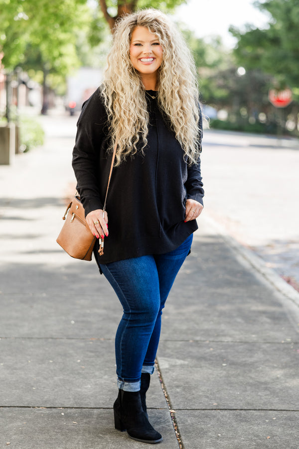 Chic Soul plus size clothing, slight v neck soft sweater longer in back slits on the sides outward seamline down center, black