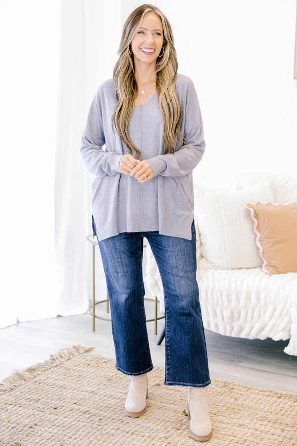 Chic Soul plus size clothing, heather grey v neck sweater with seam down middle