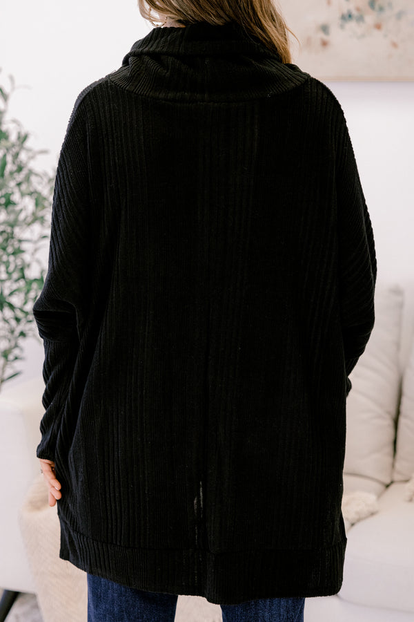 Chic Soul plus size clothing, black long sleeve top with high low front and back and loose turtleneck