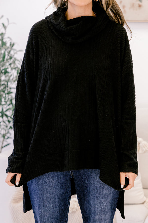 Chic Soul plus size clothing, black long sleeve top with high low front and back and loose turtleneck