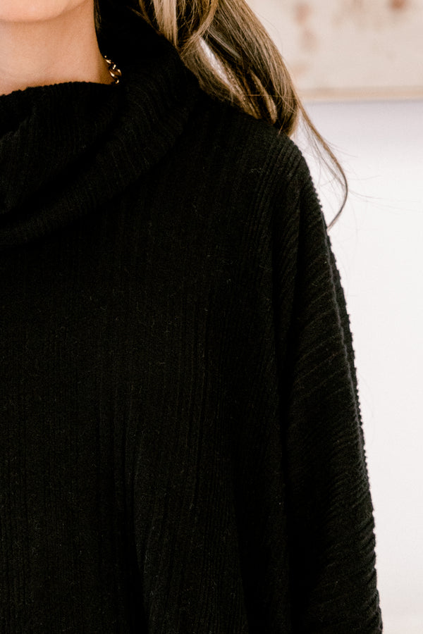 Chic Soul plus size clothing, black long sleeve top with high low front and back and loose turtleneck