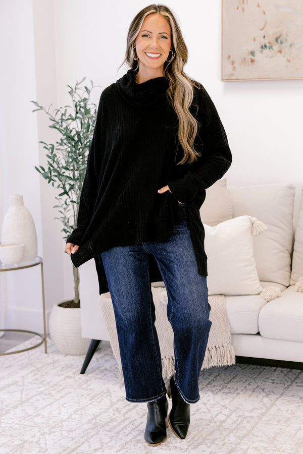 Chic Soul plus size clothing, black long sleeve top with high low front and back and loose turtleneck