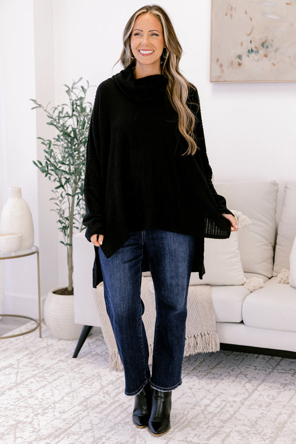 Chic Soul plus size clothing, black long sleeve top with high low front and back and loose turtleneck